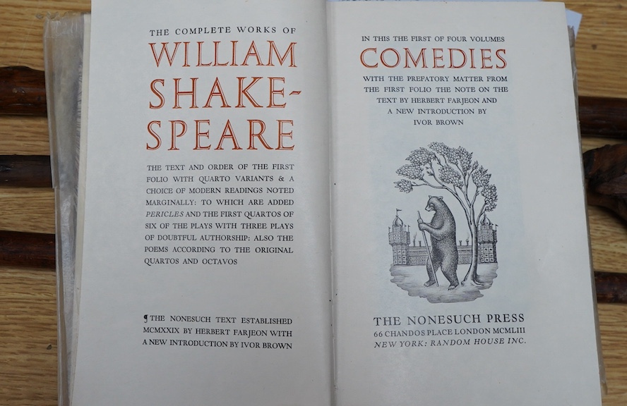 Shakespeare, William - The Complete Works ... The New Nonesuch Edition, 4vols. with ... a new introduction by Ivor Brown. pictorial vignette titles, a decorative dedication and other text decorations (by Reynolds Stone);